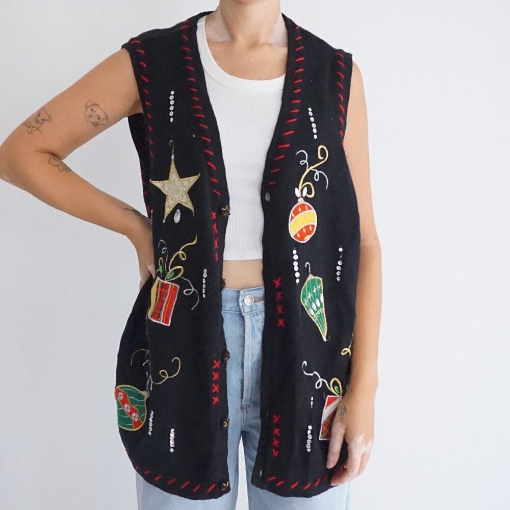 Vintage Holiday Editions Black Knit Ornament Star Gift Holiday Sweater Vest M